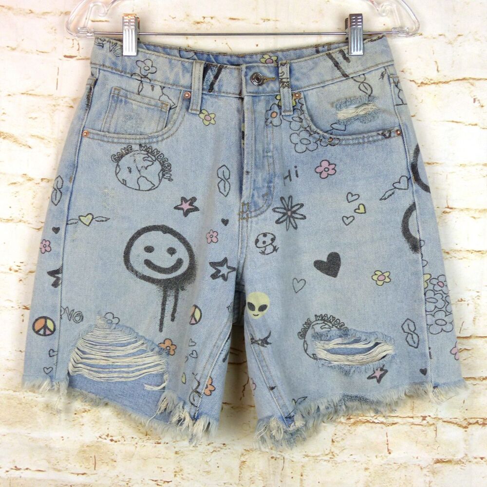 Wild Fable Denim Shorts Women 0 Doodle Print Bermuda Distressed High Rise Grunge